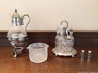Full set of beverage warmer, condiment tray with bottles, glass bowl, and salt and pepper shakers