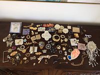 Wide view showing entire lot of various pins and brooches laid out on a table, displaying size and condition variety