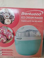 Close-up of inch cream maker box showing product image and key features like 1 quart capacity and easy to clean parts.