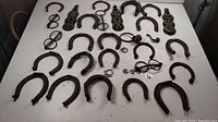 Overall view of the lot showing various rusty horseshoes, horse bridle bits, and decorative horse-related metal items arranged on a white surface.