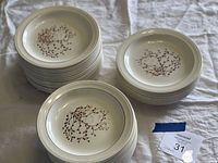 Stack of 28 white snack plates with a brown leaf design at center, placed on a white cloth background.