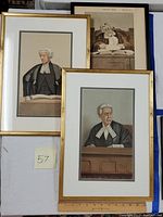 Three framed portraits of British judges from Vanity Fair lithographs, showing distinct poses and traditional judicial dress.