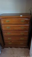Frontal photo of the wooden dresser showing five drawers with two brass metal pull handles each.