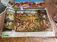 Photo showing the entire unframed canvas reproduction of the triptych with visible detailed panels and vibrant colors.
