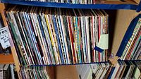 Two-tier shelf filled with rock vinyl albums