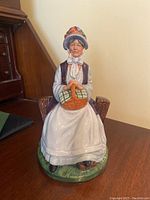 Front view of the Royal Doulton H.N. 2723 Rest Awhile figurine showing the woman sitting holding a basket.