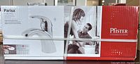 Box front showing brand Pfister and model Parisa F-042-PRCC with image of faucet and family photo