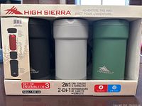 Set of three High Sierra can cooler tumblers in black, gray, and green in original box