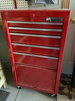 Front view of red Waterloo tool cabinet on casters