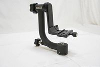 Side view of the black aluminum Yelangu A17 DSLR gimbal head showing the arm, knobs, and base screw hole.