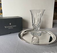 Waterford crystal vase displayed on W&S Blackinton silver plate tray alongside Waterford box.