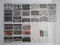 Photo shows all 28 cards of the set laid out in rows on a white surface, including vintage hockey team photos and the Stanley Cup image card.