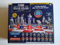 Front of the box showing the 2020 Battle for the White House Chess Set with Democrats vs Republicans pieces and box details.