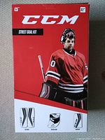 Front of CCM Street Goal Kit box showing a goalie wearing the gear and CCM logo with '32"' size indicated.