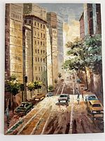 Frontal view of original oil painting showing city street with cars, tall buildings, trees, pedestrians in rainy weather.