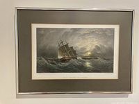 Framed colour print titled 'HMS Galatea on a Cruise' showing a sailing ship on waves under cloudy sky.