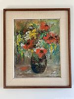 Framed original oil painting showing textured floral arrangement with poppies in a black vase.