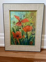 Framed original painting by Urve Aedna of red poppies with a blue-green background, signed in lower right corner, in good condition.