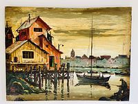 Full view of the unframed oil/acrylic painting showing a harbour with wooden dock buildings, boats, and a distant town skyline under moody skies.