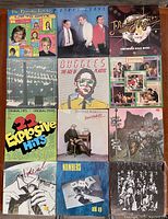 Photo showing 12 vinyl albums by various 70s and 80s artists including The Partridge Family, Buggles, Temptations, The Monks, Vital Sines, and compilations like Disco Nights and Explosive Hits