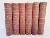 Front view of six hardcover volumes showing reddish-brown spines with gold text and decoration.