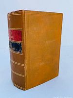 Spine and front cover of the leather-bound book showing red and blue labels on spine with gold text, and brown cloth cover with embossed border details.