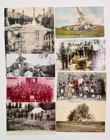Photo showing nine military-themed postcards arranged in a grid, including images of soldiers, battlefield explosions, and military bands.