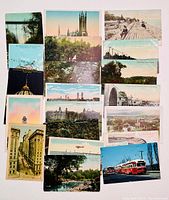 Layout of 17 antique postcards depicting landmarks, cityscapes, and street scenes from Hamilton, Ontario, Canada.