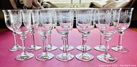 Front view showing all ten matching wine glasses with clear glass and etched decorative bands around the bowls.