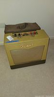 Front view of yellow tweed amp with grille cloth and brown wood base, cover behind