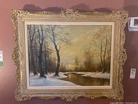 Framed acrylic painting showing full winter river landscape scene from a distance