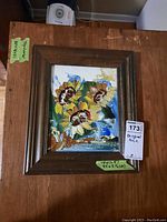 Framed original oil painting showing full artwork and wooden frame on a wooden surface. Visible tags indicate painting size approx 9.5x7.5 and frame size 14x12 inches.