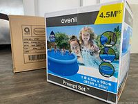 Front of Avenli pool box showing brand, product image with children playing, dimensions 4.5 m x 90 cm, and 80% fill capacity badge.