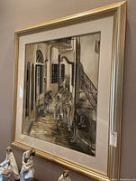 Large framed original art measuring 53x48 inches with visible street scene depicting people and buildings, showcasing Conte/pastel and charcoal medium from side angle.