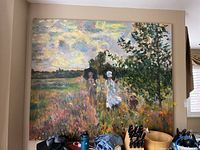 Front view of large oil painting on canvas showing impressionistic landscape with figures and trees.