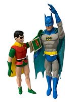 Front view of Batman and Robin figurines standing upright with original hang tags visible, showing the condition and costume details.
