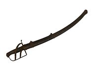 Angled full view of sword sheathed in scabbard on table