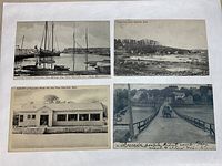 Four black and white vintage postcards displayed on white background depicting Cape Ann scenes including boats, buildings, and beach.