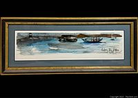 Framed watercolor painting 'Entering The Harbor' showing full view with signature and date on lower right corner. Blue-gray matting and gold-toned frame with black accents visible.