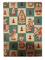 Decorative hardcover book cover with chess piece themed illustrations in blue, beige, and red.