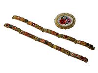 Two Italian micro mosaic millefiori bracelets and one brooch displayed together on white background, showing colorful floral mosaics and gold-tone metal accents.