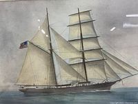 Detail of right-side view showing full rigging, sails and hand colored water.