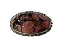 Top front view of the oval pink Rhodonite stone set in sterling silver with decorative loop edge.