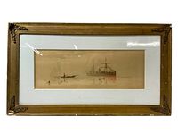 Full view of framed watercolor ship print by Vattero with visible frame wear and adornment detail.