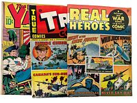 Front covers of The Fighting Yank No. 12, True Comics No. 36 and Real Heroes No. 11 fanned overlapping