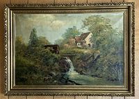 Framed pastoral landscape artwork, print with overpainting, showing detailed natural elements and a house beside a water stream with a waterfall.