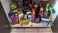 Photo showing a cupboard under the sink stocked with assorted cleaning products including sprays, bottles, and boxed powders with sponges placed on top.
