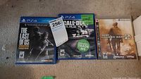 Three video game cases visible on carpet: PS4 The Last of Us, PS4 Call of Duty Ghosts with trade sticker, PS2 Call of Duty Modern Warfare with worn case