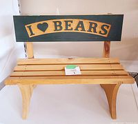 Front view of wooden bench showing seat and backrest with 'I ♥ Bears' text.