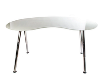 Front view of kidney-shaped glass desk showing white frosted top and chrome legs